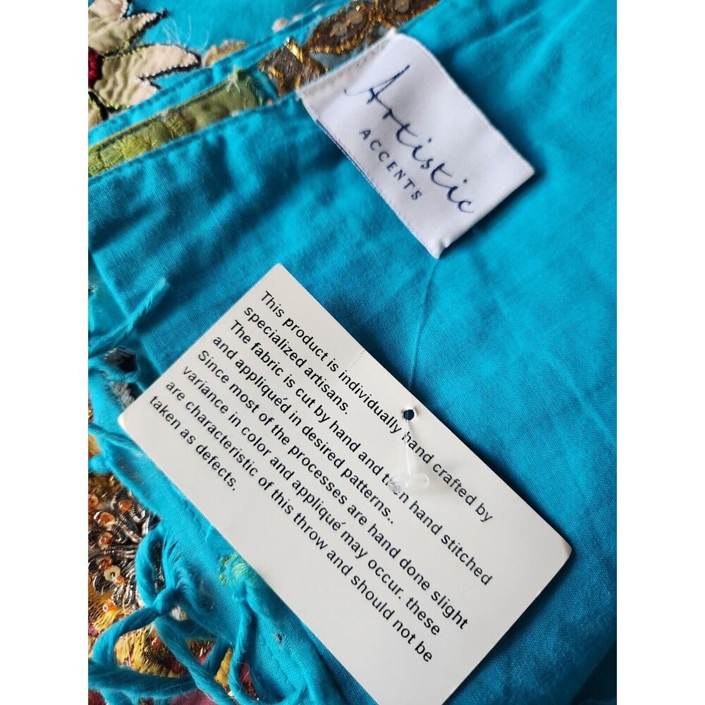 NWT Artistic Accents Turquoise Floral Hand Stiched Appliqué Throw 51 X 61 In - Picture 5 of 6
